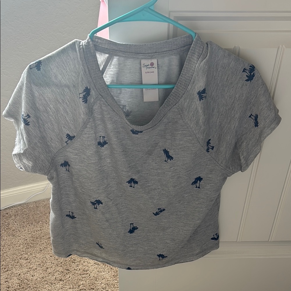 Gray T-Shirt with Blue Palm Tree Print